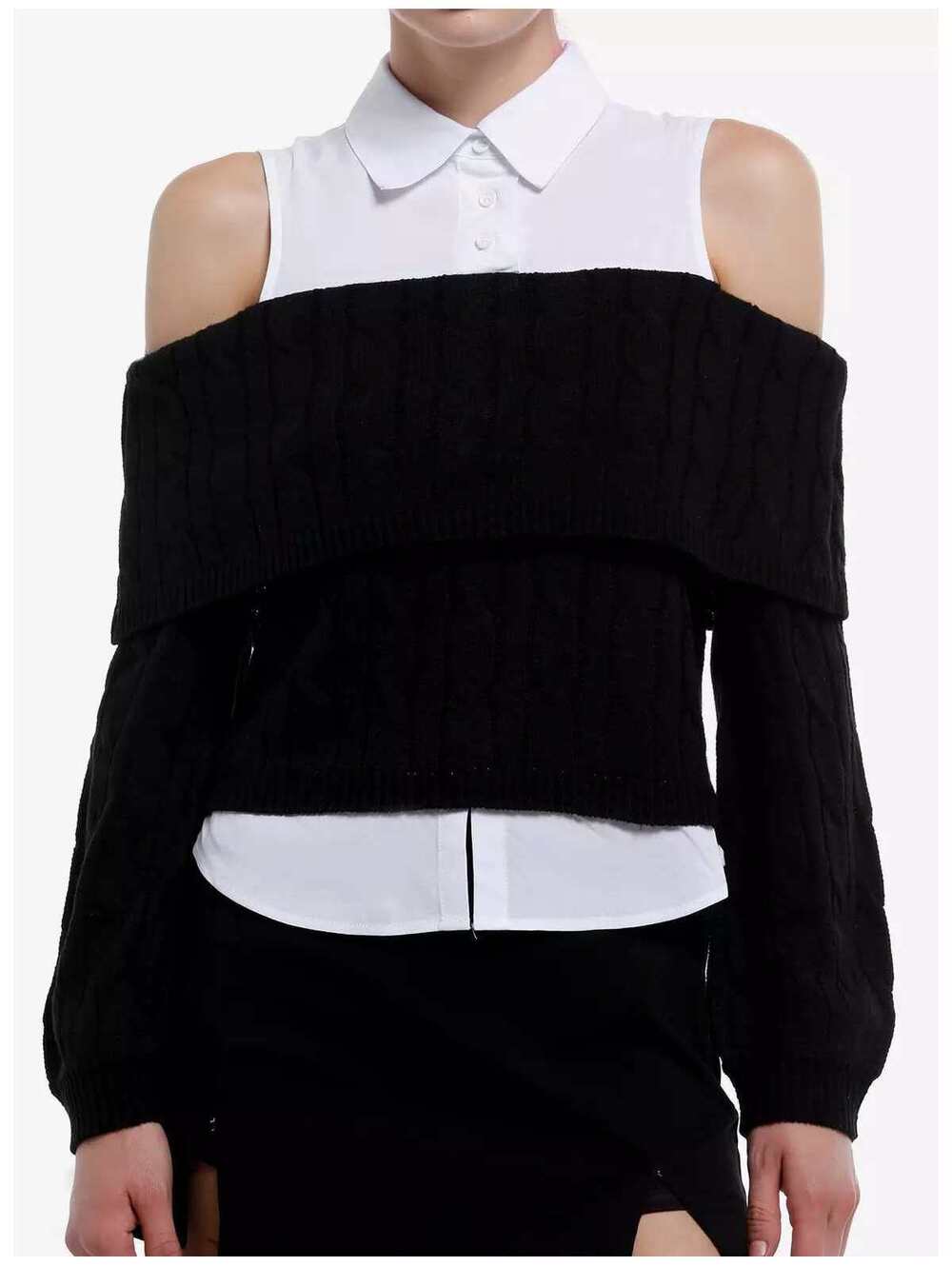 Social Collision Cold-Shoulder Layered Twofer Sweater - XL
